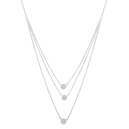 Front view of a white metal necklace with three layered chains, each featuring a round pendant paved with small white gemstones in prong settings.
