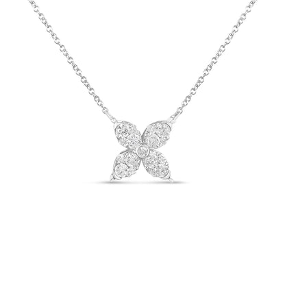 Front view of a white metal necklace featuring a pendant shaped like a four-petal flower, each petal adorned with multiple round white gemstones in prong settings, and a single round white gemstone in the center.