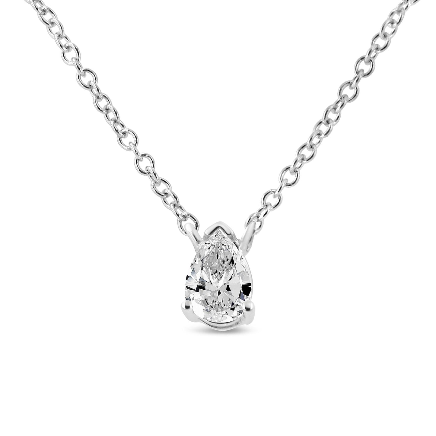 Front view of a white metal necklace with a pear-shaped white gemstone in a 4-prong setting.