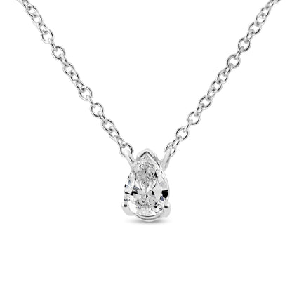 Front view of a white metal necklace with a pear-shaped white gemstone in a 4-prong setting.