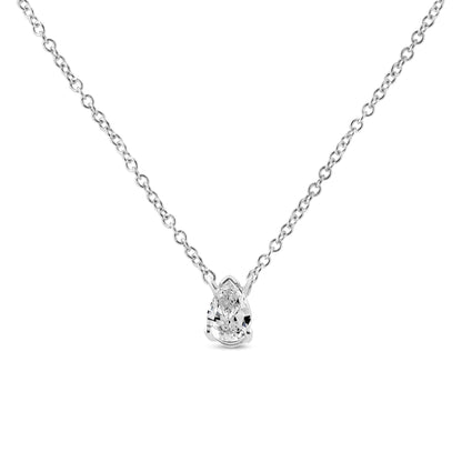 Front-facing white metal necklace with a pear-shaped white gemstone in a four-prong setting, shown against a white background.