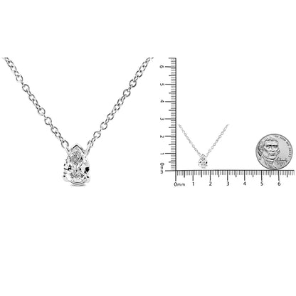 White metal necklace with a pear-shaped white gemstone in a 4-prong setting, shown in a close-up and on a ruler for size reference, viewed from the front.