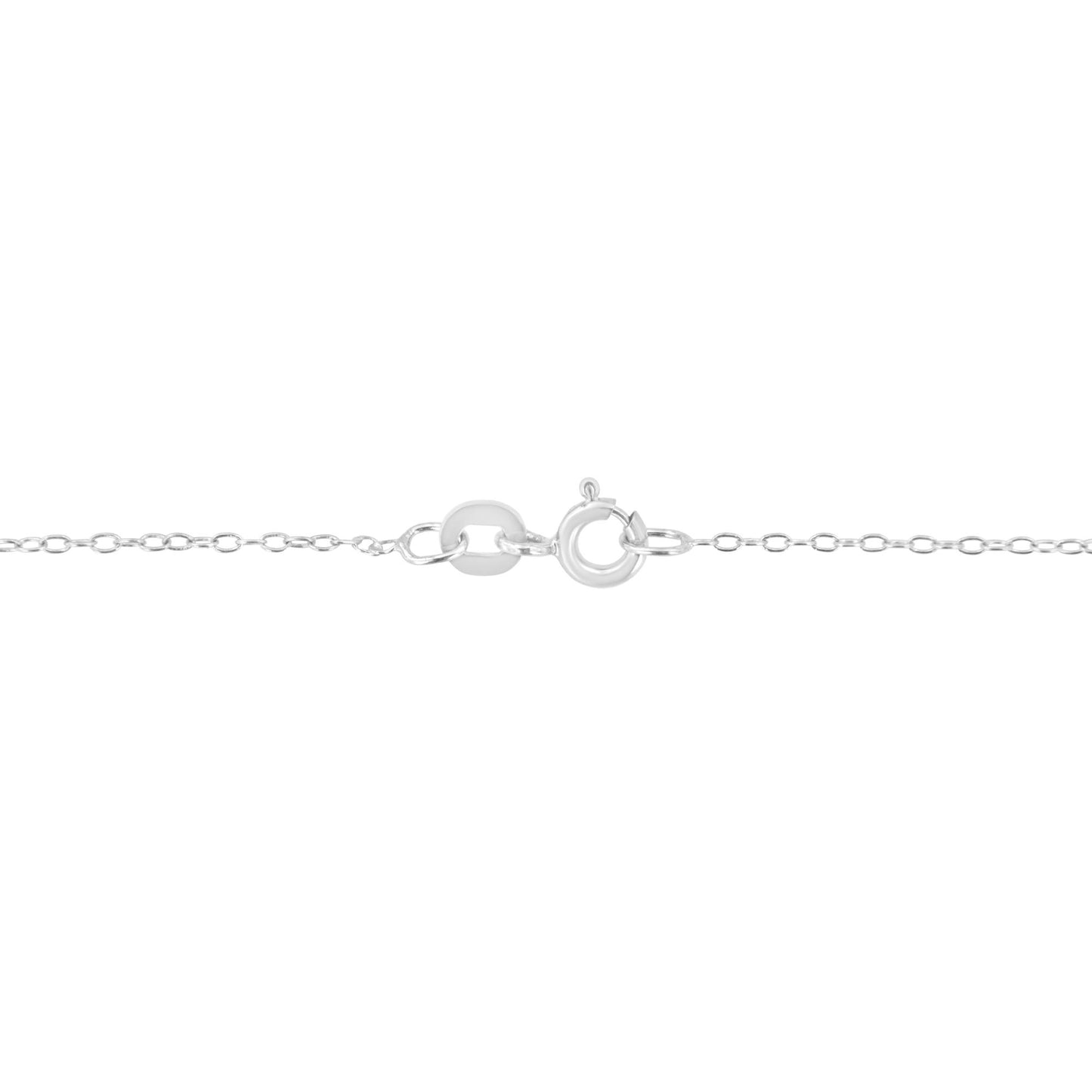Close-up view of a white metal necklace chain clasped with a spring ring clasp, no gemstone visible.