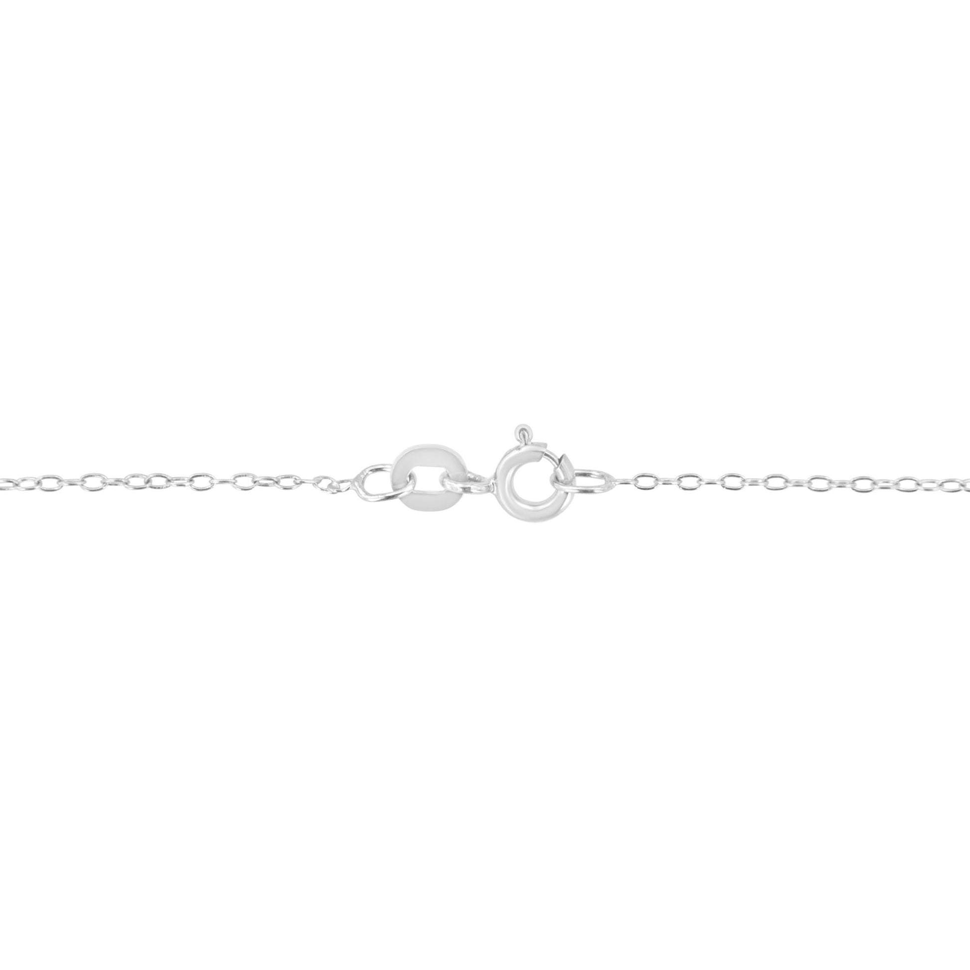 Close-up view of a white metal necklace chain clasped with a spring ring clasp, no gemstone visible.