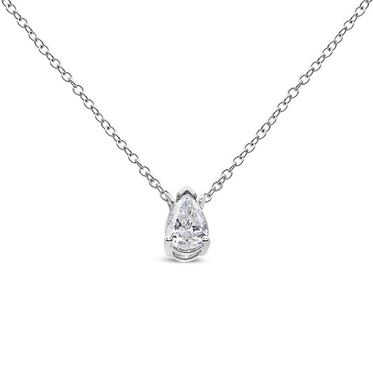 Front view of a white metal necklace with a pear-shaped white gemstone in a three-prong setting pendant.