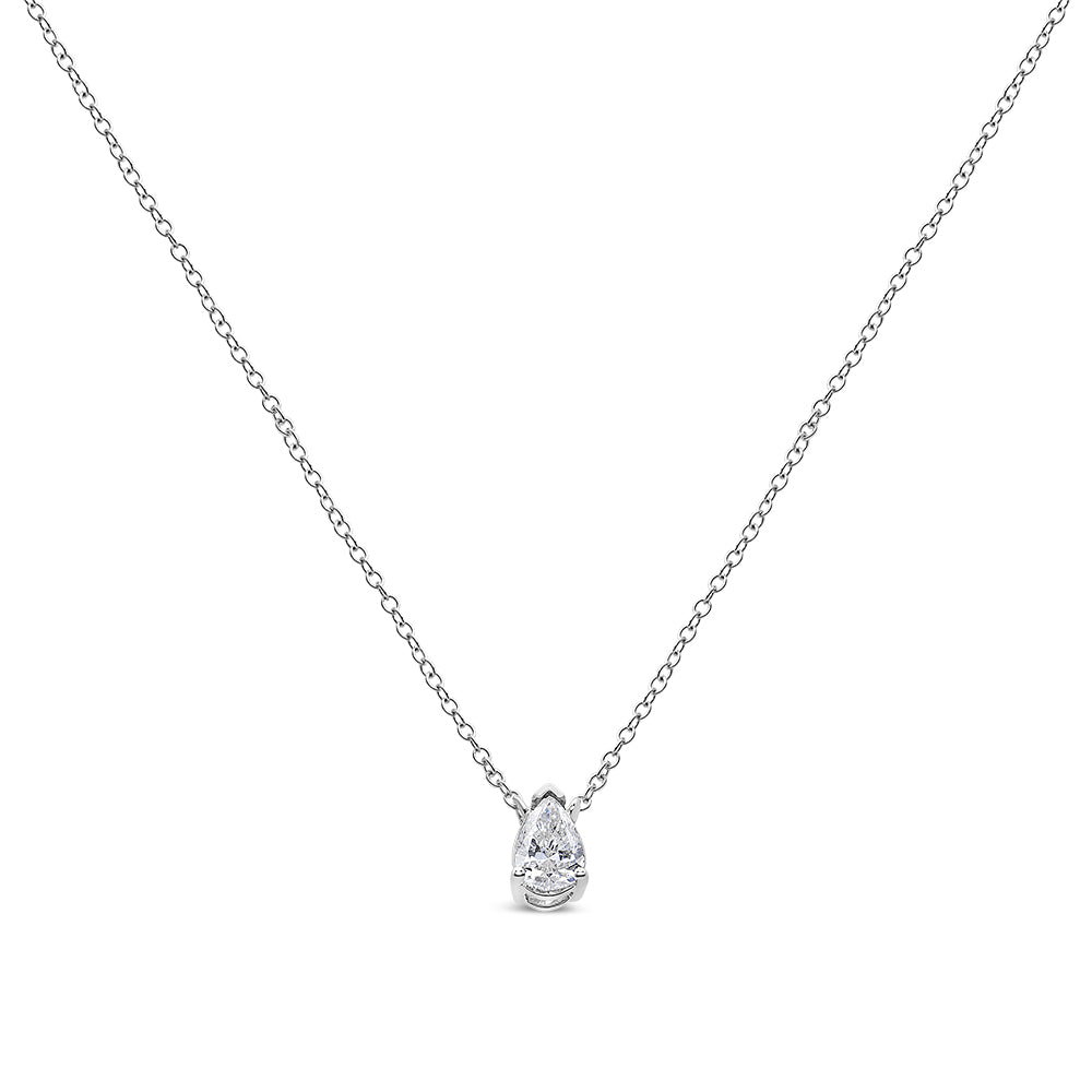Front-facing view of a white metal necklace with a single pear-shaped white gemstone in a 3-prong setting.