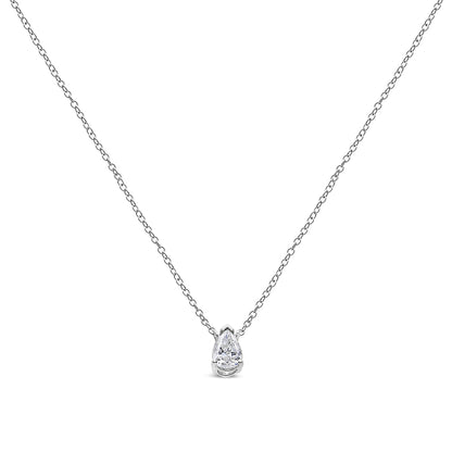 Front-facing view of a white metal necklace with a single pear-shaped white gemstone in a 3-prong setting.