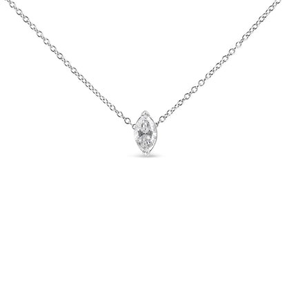 Front view of a white necklace with a single marquise-shaped white gemstone set in a three-prong setting.