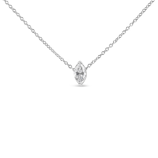 Front view of a white necklace with a single marquise-shaped white gemstone set in a three-prong setting.