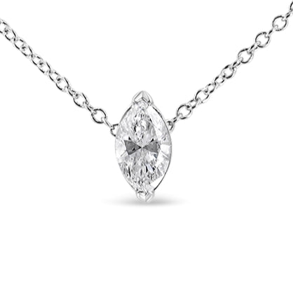 Close-up front view of a white necklace featuring a marquise-shaped white gemstone set in a 3-prong setting.