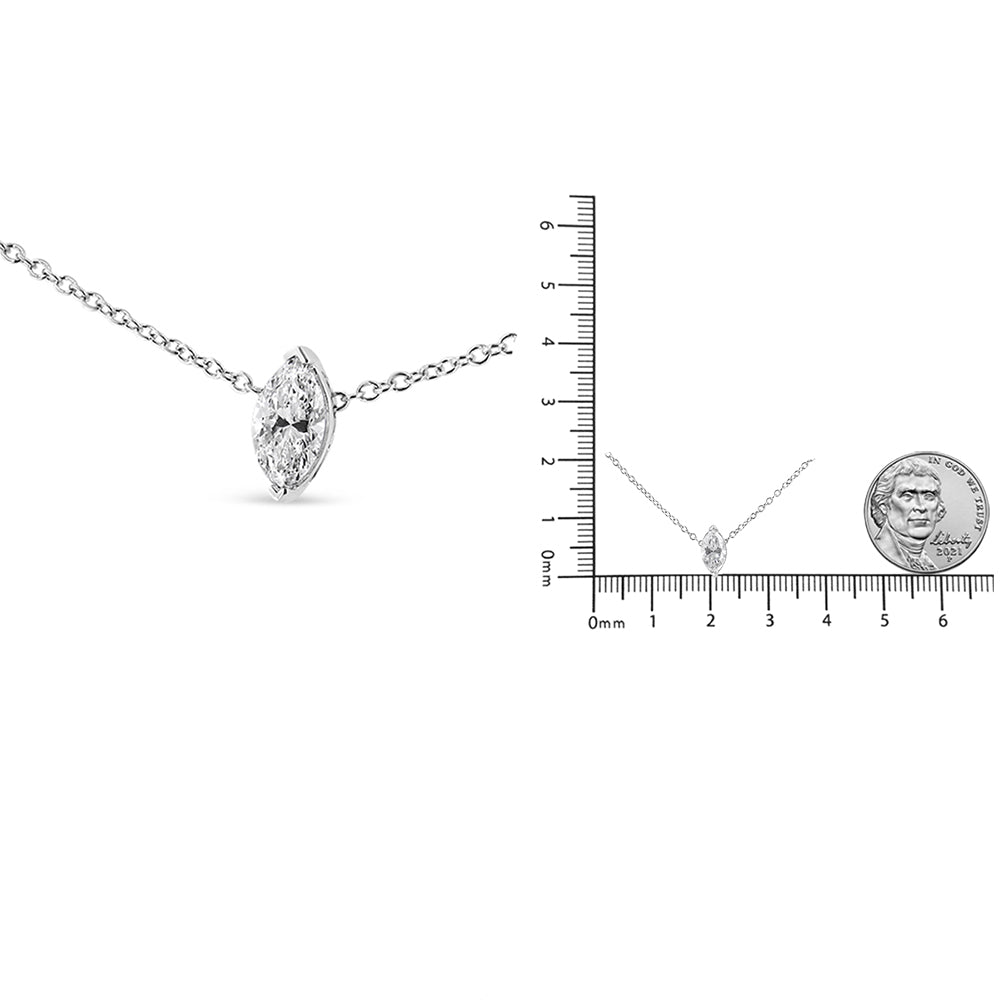Close-up side angle of a white metal necklace with a marquise-shaped white gemstone set in a 3-prong setting; the second image shows the necklace on a ruler for size reference alongside a coin.