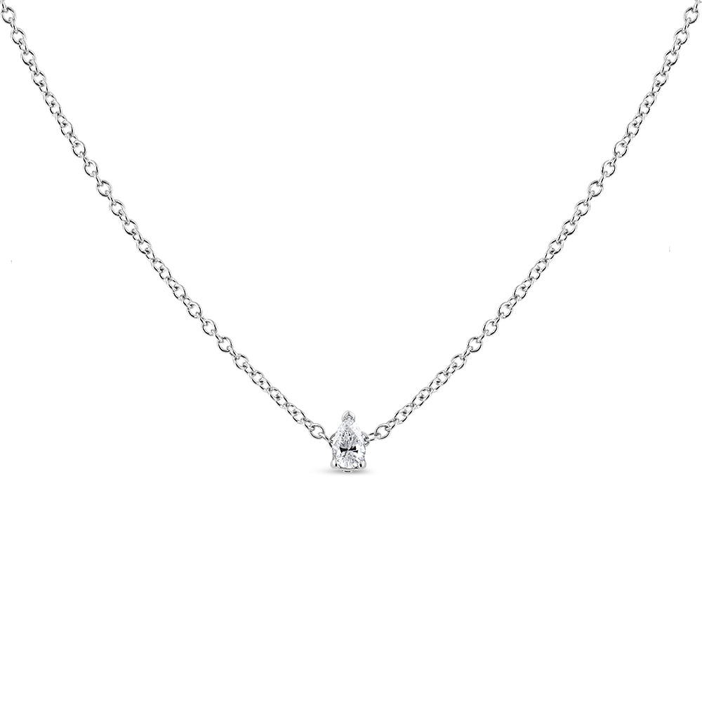 Front view of a white metal necklace with a single pear-shaped white gemstone in prong setting at the center.