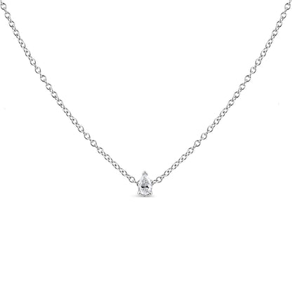 Front view of a white metal necklace with a single pear-shaped white gemstone in prong setting at the center.