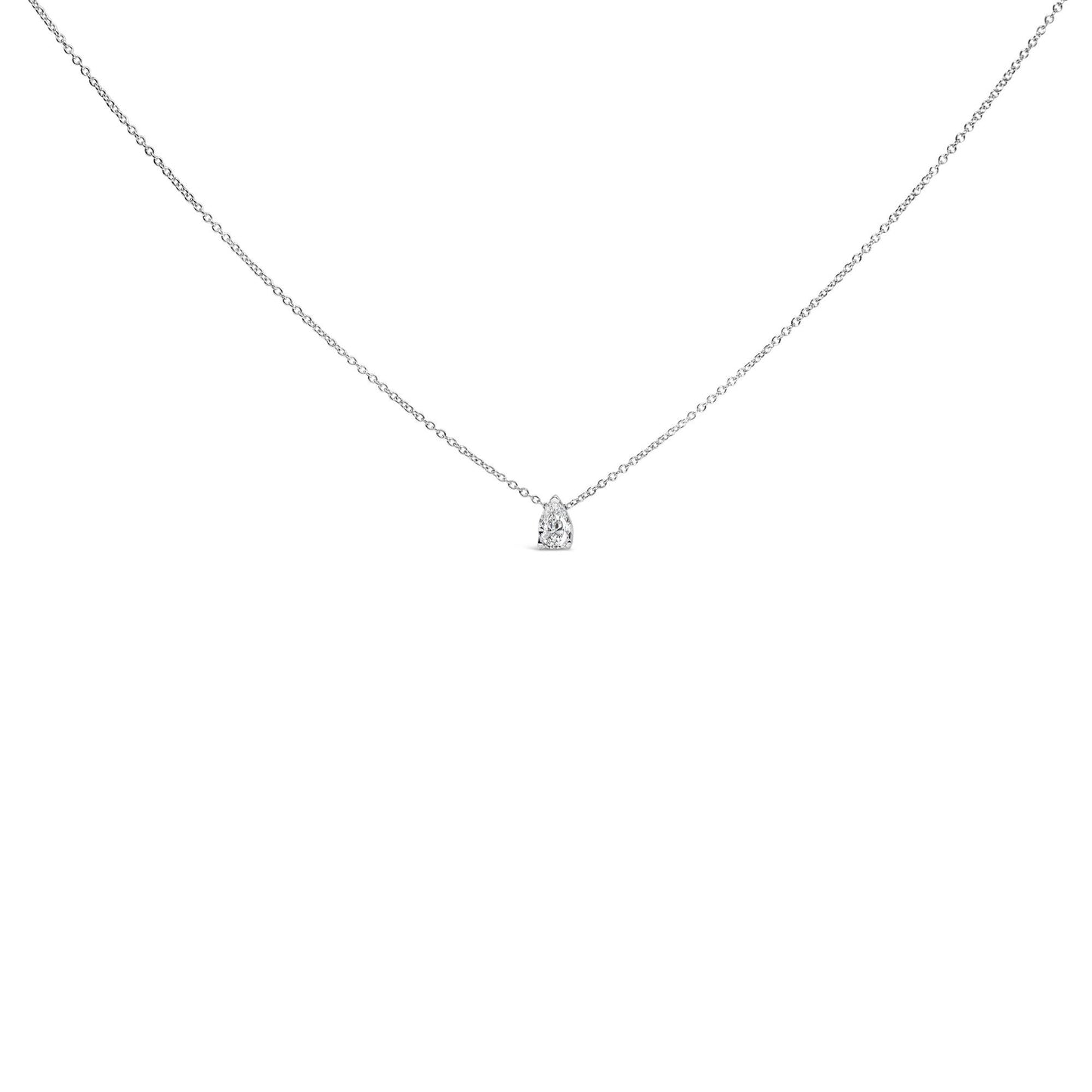 Image of a white metal necklace with a single pear-shaped white gemstone pendant in a 3-prong setting, shown from the front on a white background.