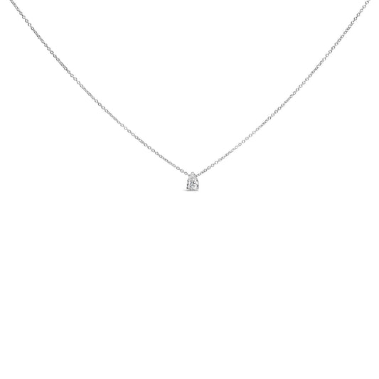 Image of a white metal necklace with a single pear-shaped white gemstone pendant in a 3-prong setting, shown from the front on a white background.