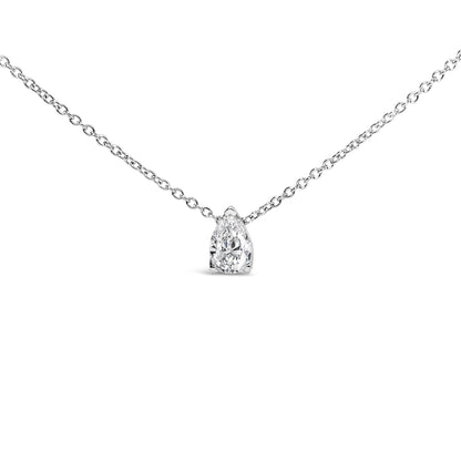 Close-up front view of a white metal necklace with a single pear-shaped white gemstone set in a 3-prong setting.