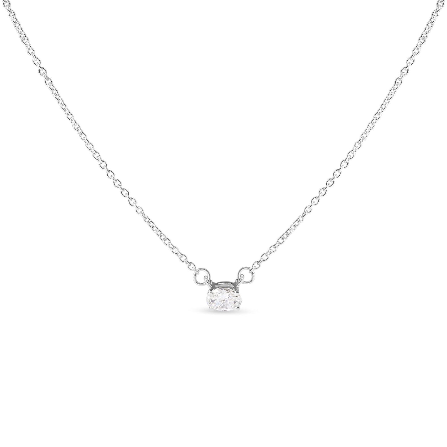Front-facing shot of a white metal necklace featuring a single oval-shaped white gemstone in a four-prong setting.