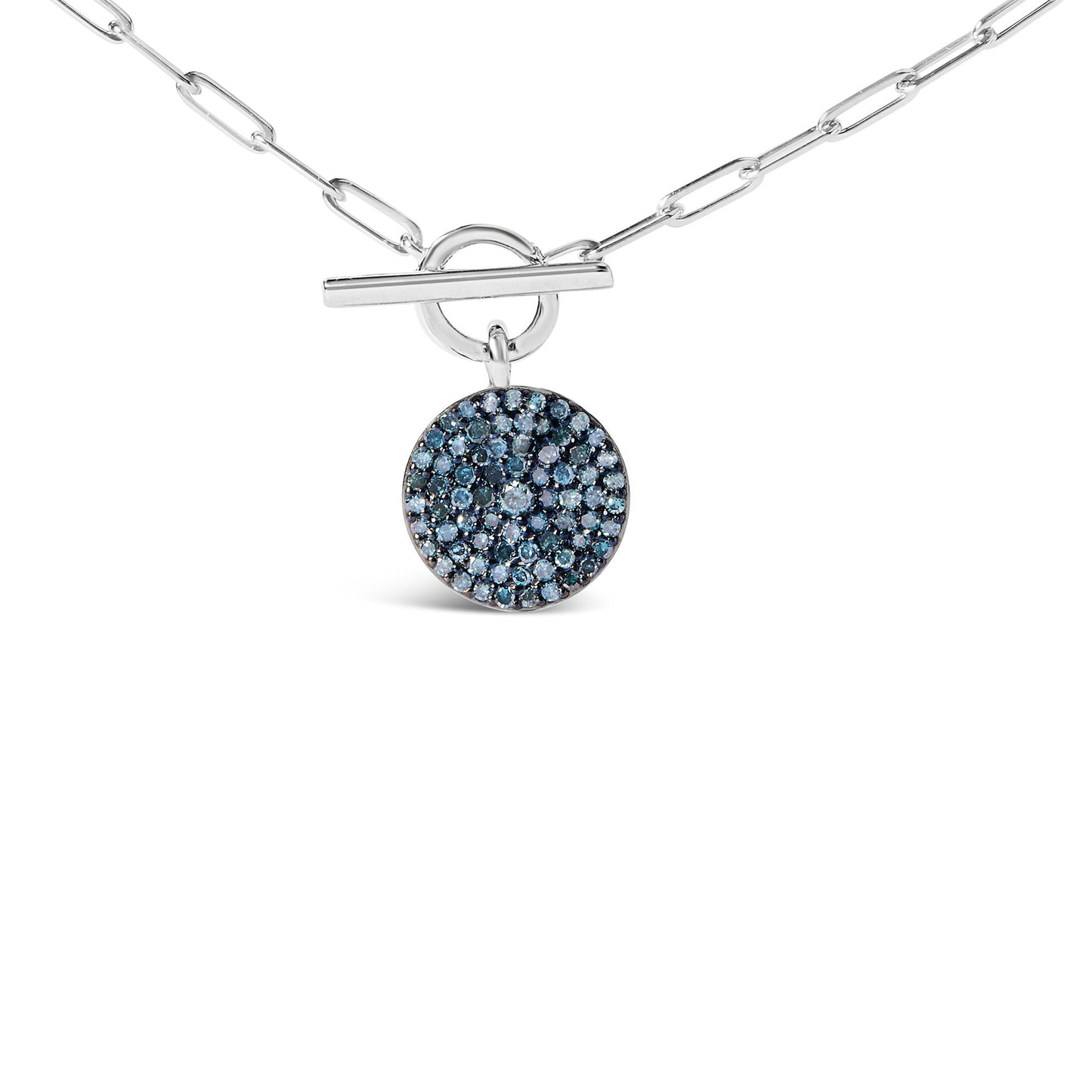 White metal necklace with a round pendant encrusted with multiple blue gemstones, shown in a front-facing close-up shot.