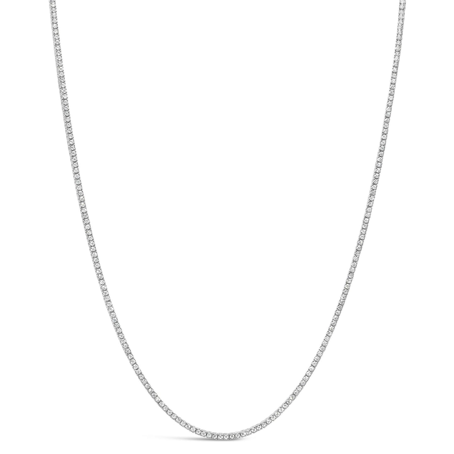 Front-facing shot of a white metal necklace with two rows of round white gemstones in prong settings.