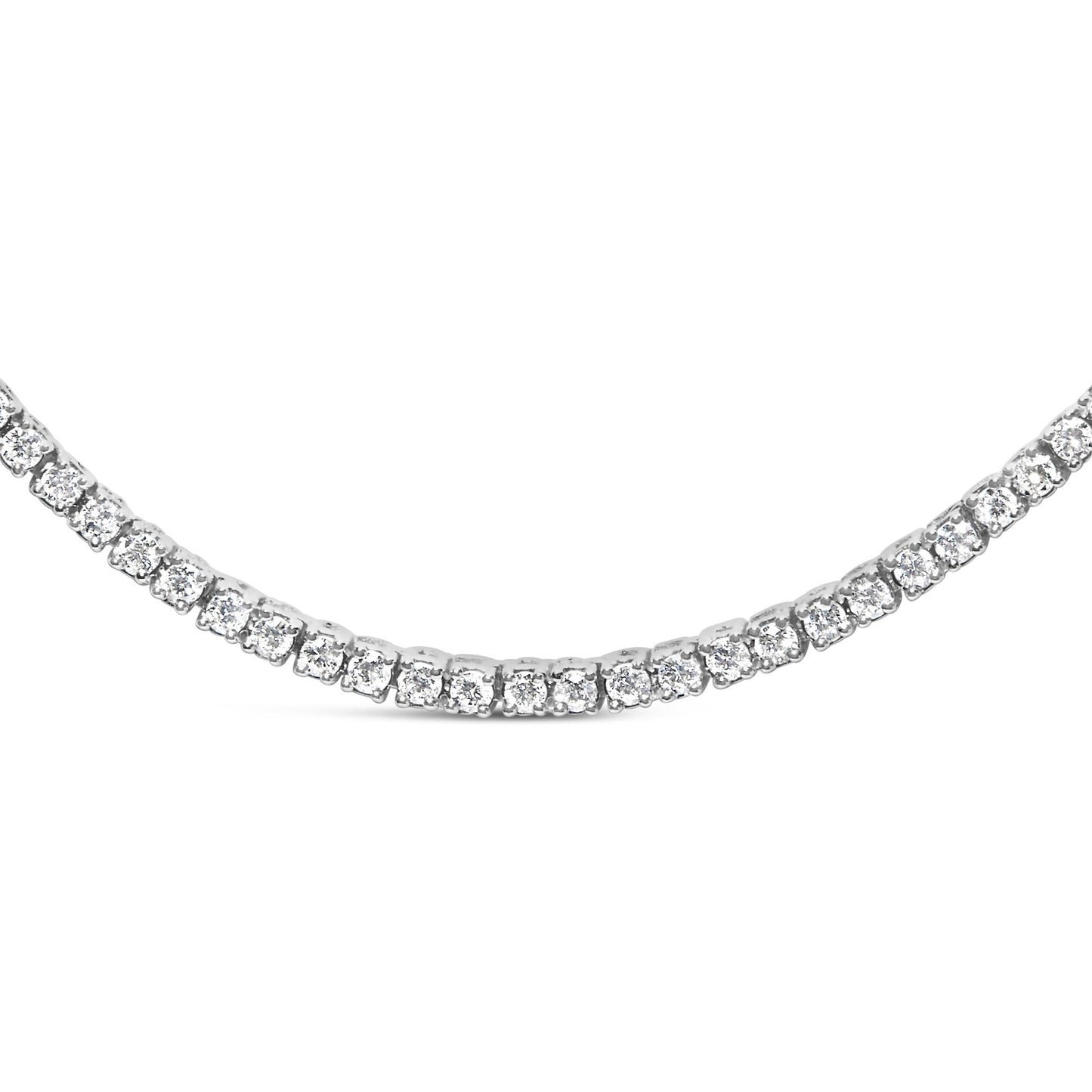Close-up front angle of a white necklace featuring round shaped white gemstones in prong settings arranged in a single row.