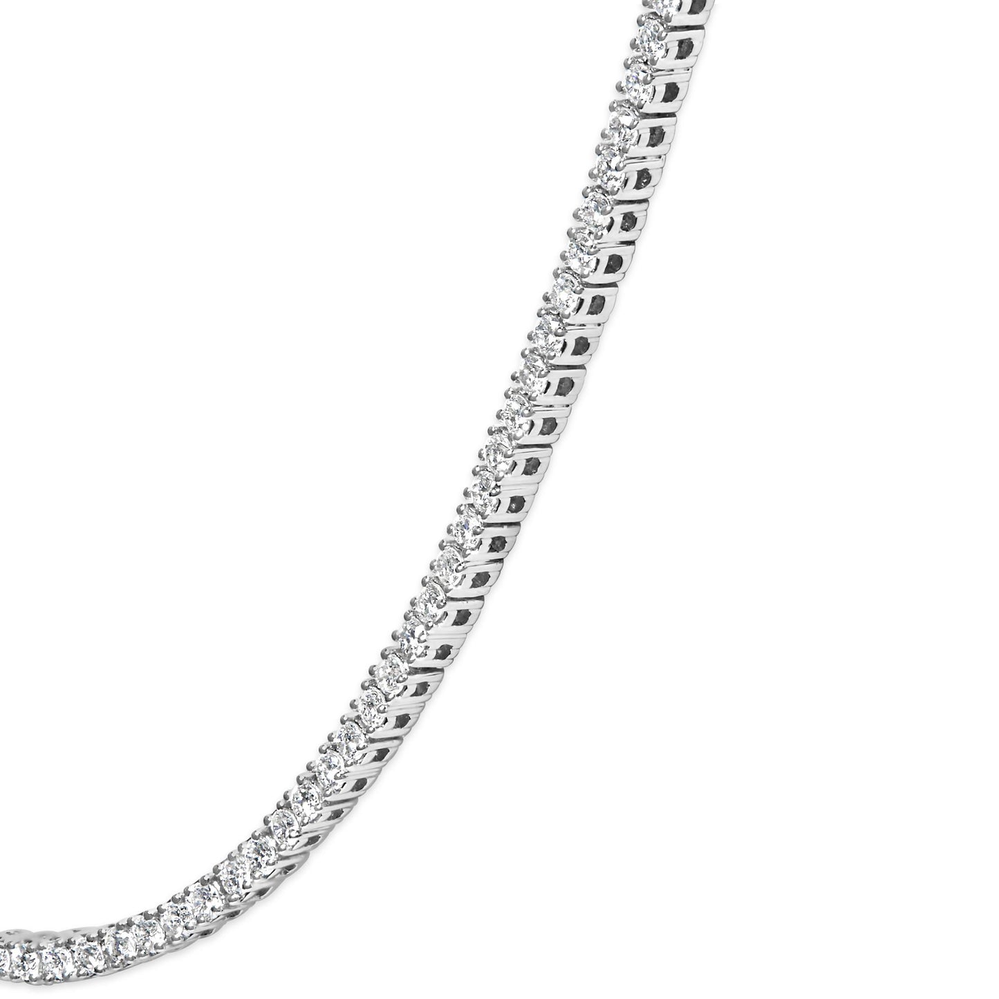 Close-up of a white metal necklace with two rows of round white gemstones in prong settings, shown at an angle.