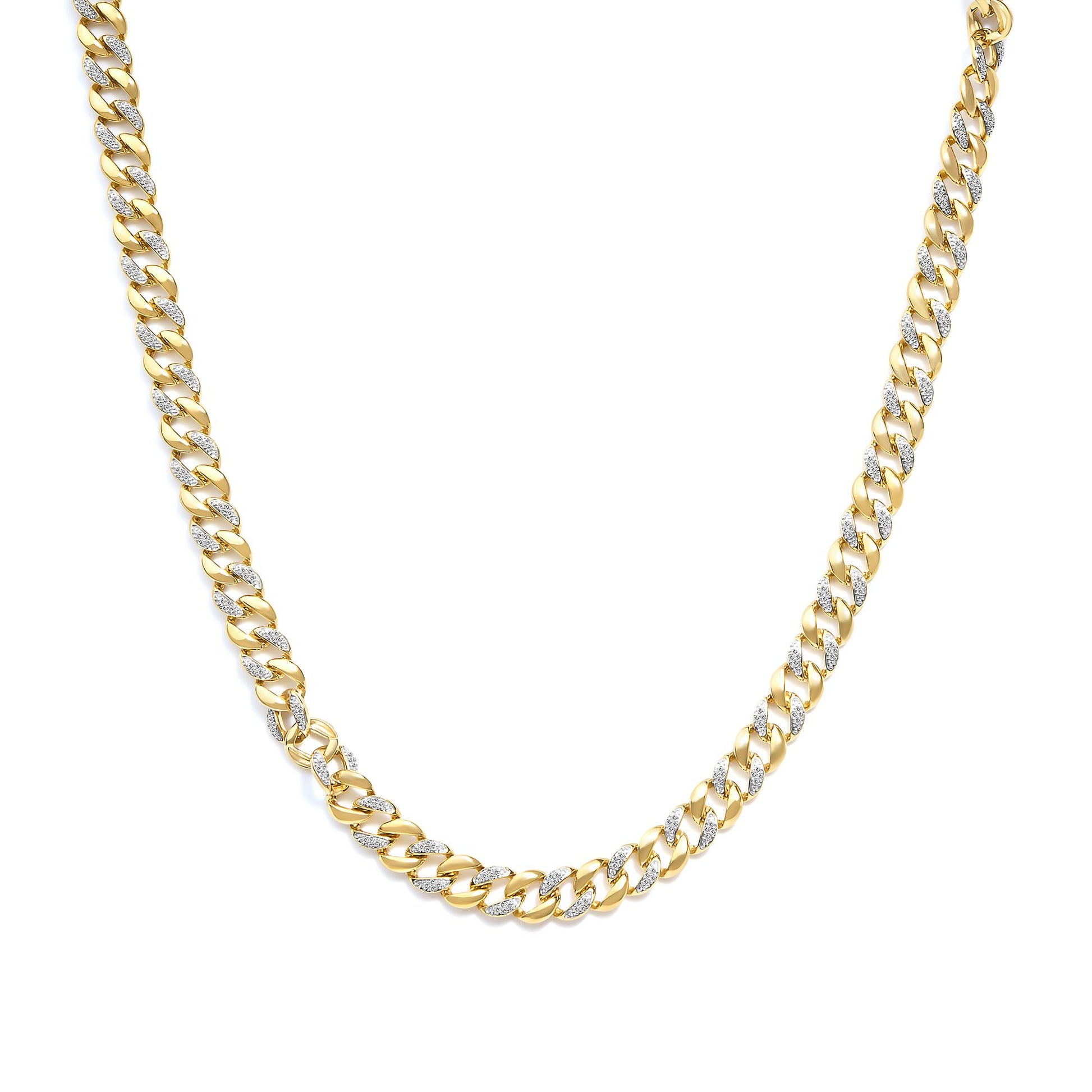 Front-facing shot of a yellow necklace with alternating links encrusted with small white gemstones in prong settings.