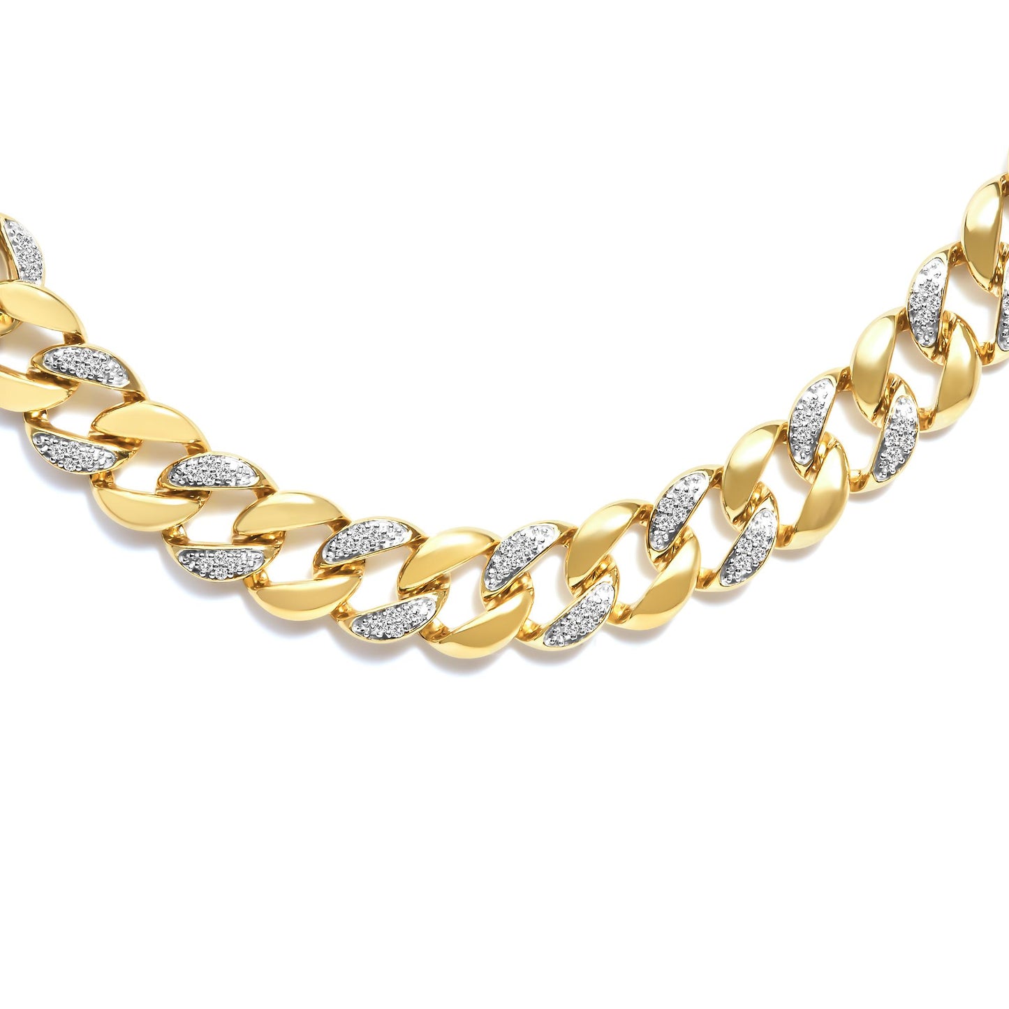 Close-up angled view of a yellow metal necklace with alternating polished links and links paved with small white gemstones in prong settings.