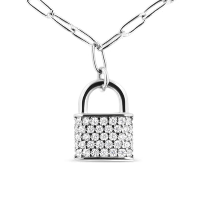 Front-facing shot of a white metal padlock-shaped necklace pendant adorned with multiple round white gemstones in prong settings, hanging on a white metal link chain.
