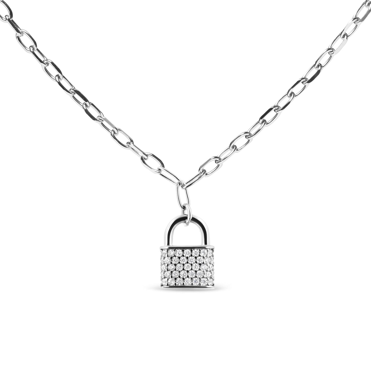 Front-facing view of a white metal necklace with a lock-shaped pendant encrusted with round white gemstones in prong settings, shown against a white background.