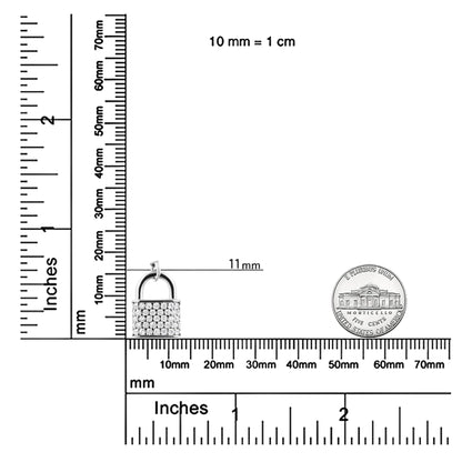 White metal necklace pendant shaped like a padlock with round white gemstones in prong settings, shown on a ruler and scale for size reference, photographed from the front.