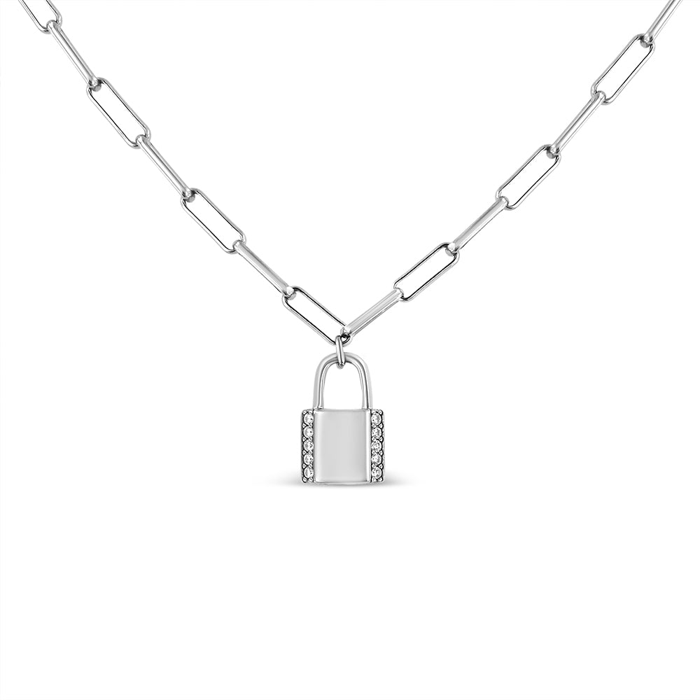 Front view of a white metal necklace with rectangular chain links and a padlock-shaped pendant featuring two rows of round white gemstones on either side.