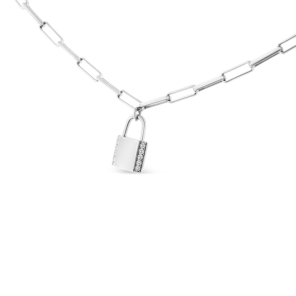 Close-up angled view of a white metal necklace with a rectangular link chain and a padlock pendant featuring two vertical rows of round white gemstones in prong settings on each side.