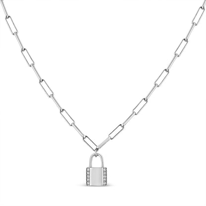 Front view of a white metal necklace with elongated chain links and a padlock pendant featuring white round gemstones on its sides.