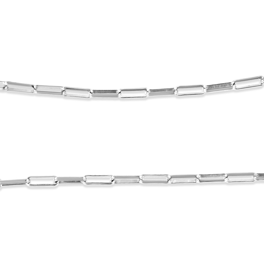 Close-up front view of a white metal necklace chain with rectangular links, shown against a white background.