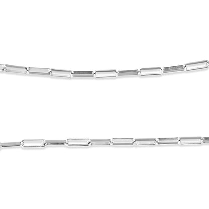 Close-up front view of a white metal necklace chain with rectangular links, shown against a white background.