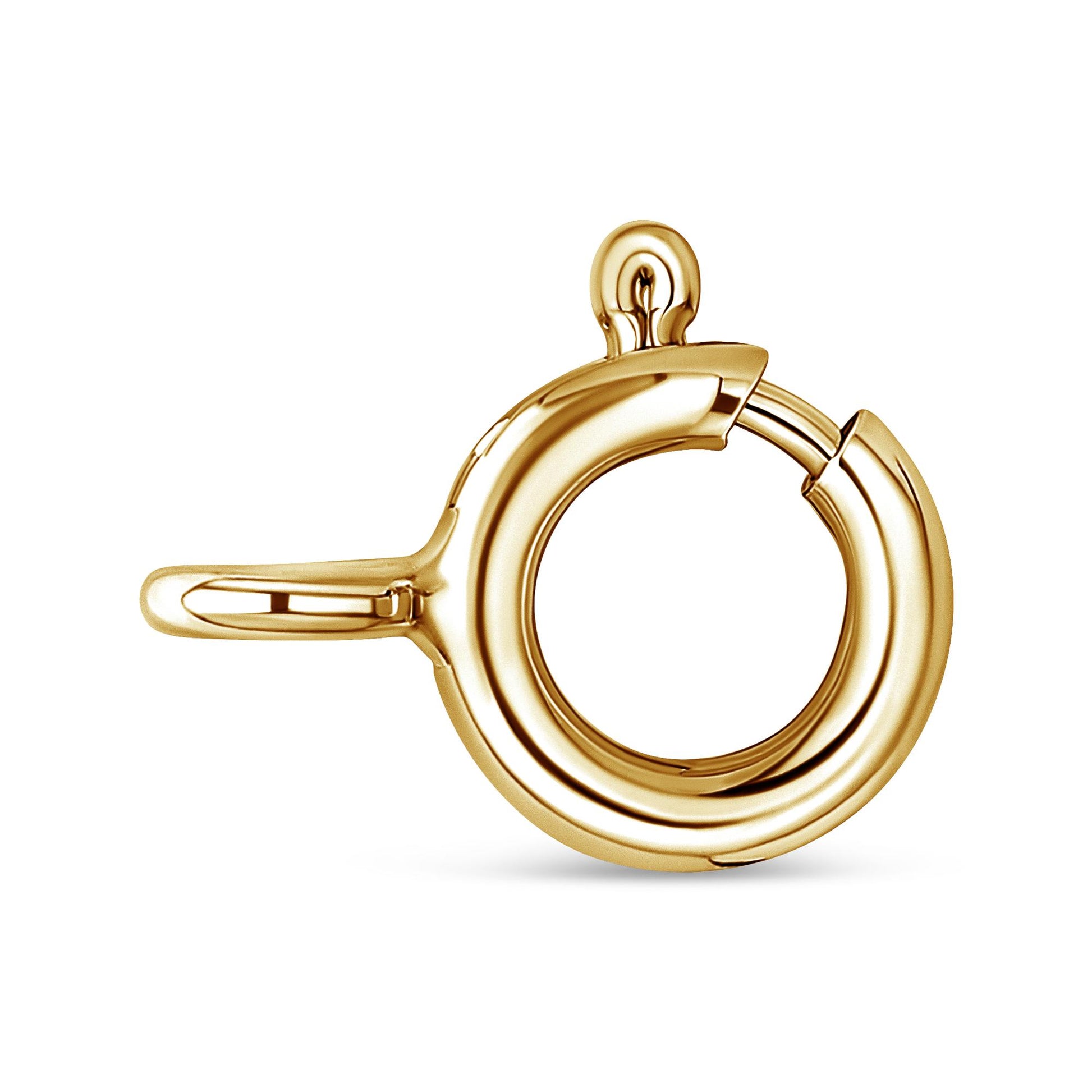 Close-up front angle of a round yellow metal clasp for a necklace, showing the spring mechanism and attachment loop, no gemstones visible.