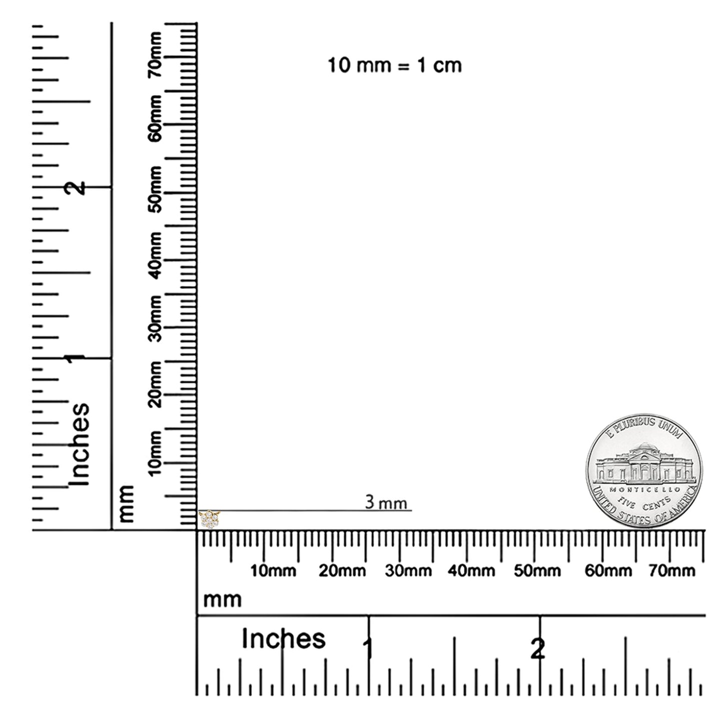 Close-up front angle of a yellow metal necklace with round white gemstones in prong settings, shown on a ruler and scale for size reference.