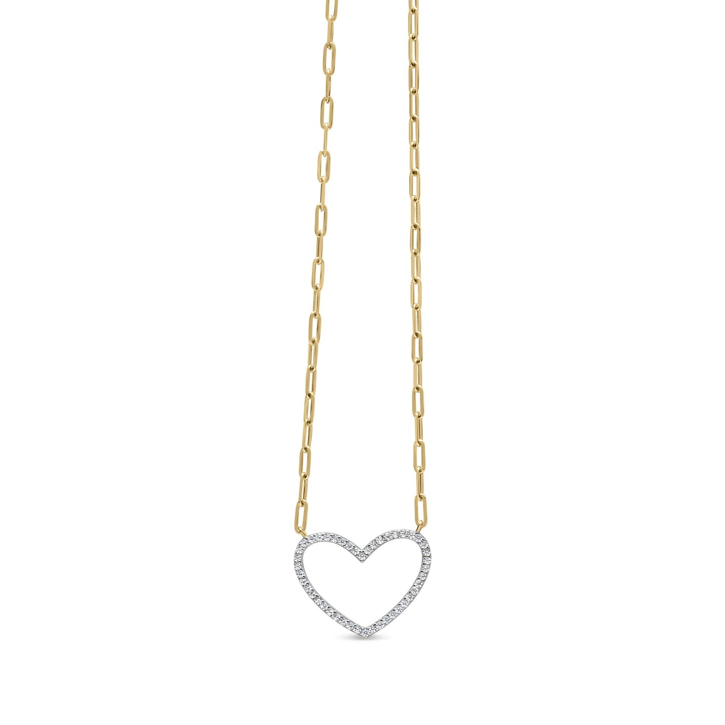 Front-facing view of a yellow necklace with a heart-shaped pendant outlined with round white gemstones in prong settings.