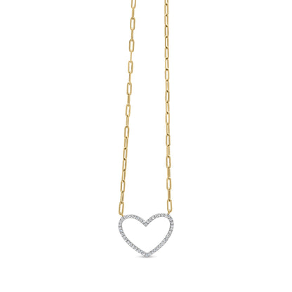 Front-facing view of a yellow necklace with a heart-shaped pendant outlined with round white gemstones in prong settings.