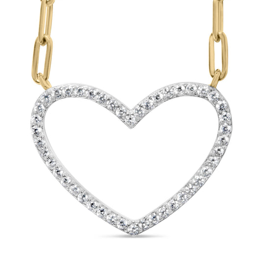 Close-up front view of yellow metal heart-shaped necklace pendant with round white gemstones in prong setting, attached to a chain.