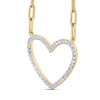Close-up front angle of a yellow metal heart-shaped necklace pendant with round white gemstones in prong settings along the outline, suspended from a chain.
