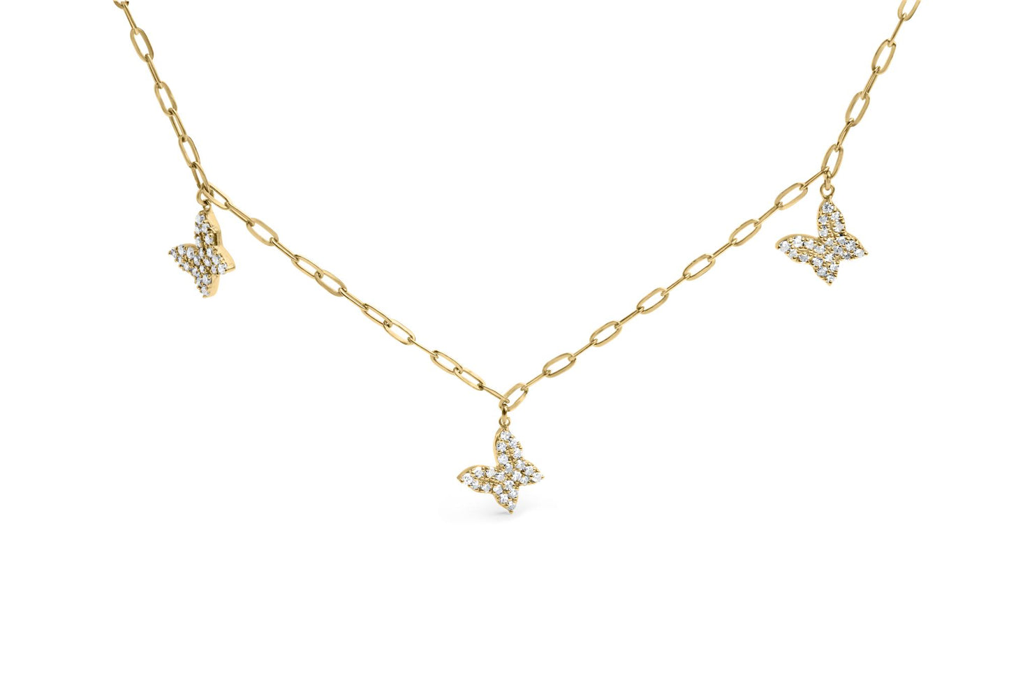 Yellow metal necklace with three butterfly-shaped pendants adorned with white round gemstones in prong settings, shown in a front-facing angle.