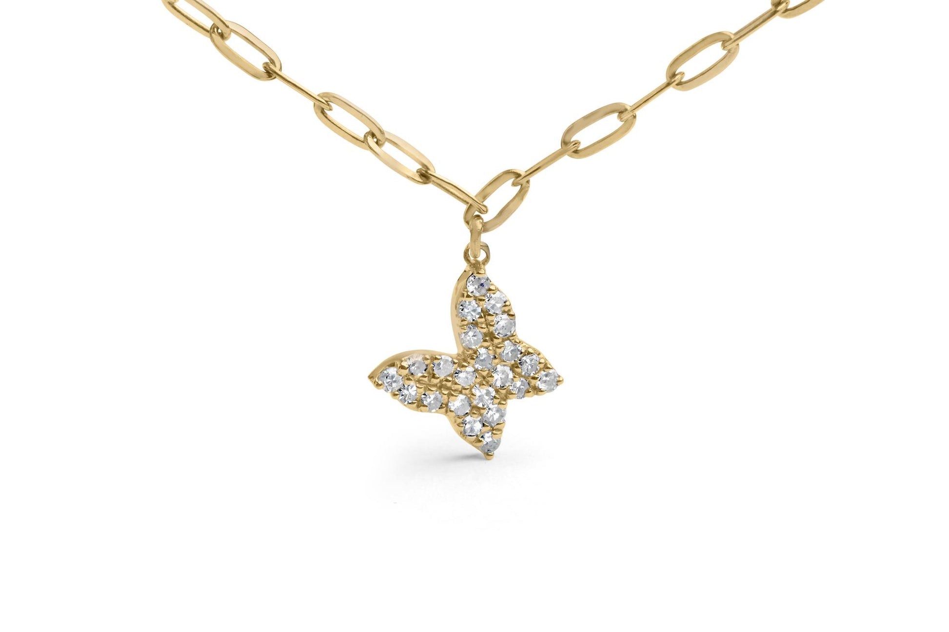 Close-up front view of a yellow metal necklace with a butterfly-shaped pendant adorned with round white gemstones in prong settings.