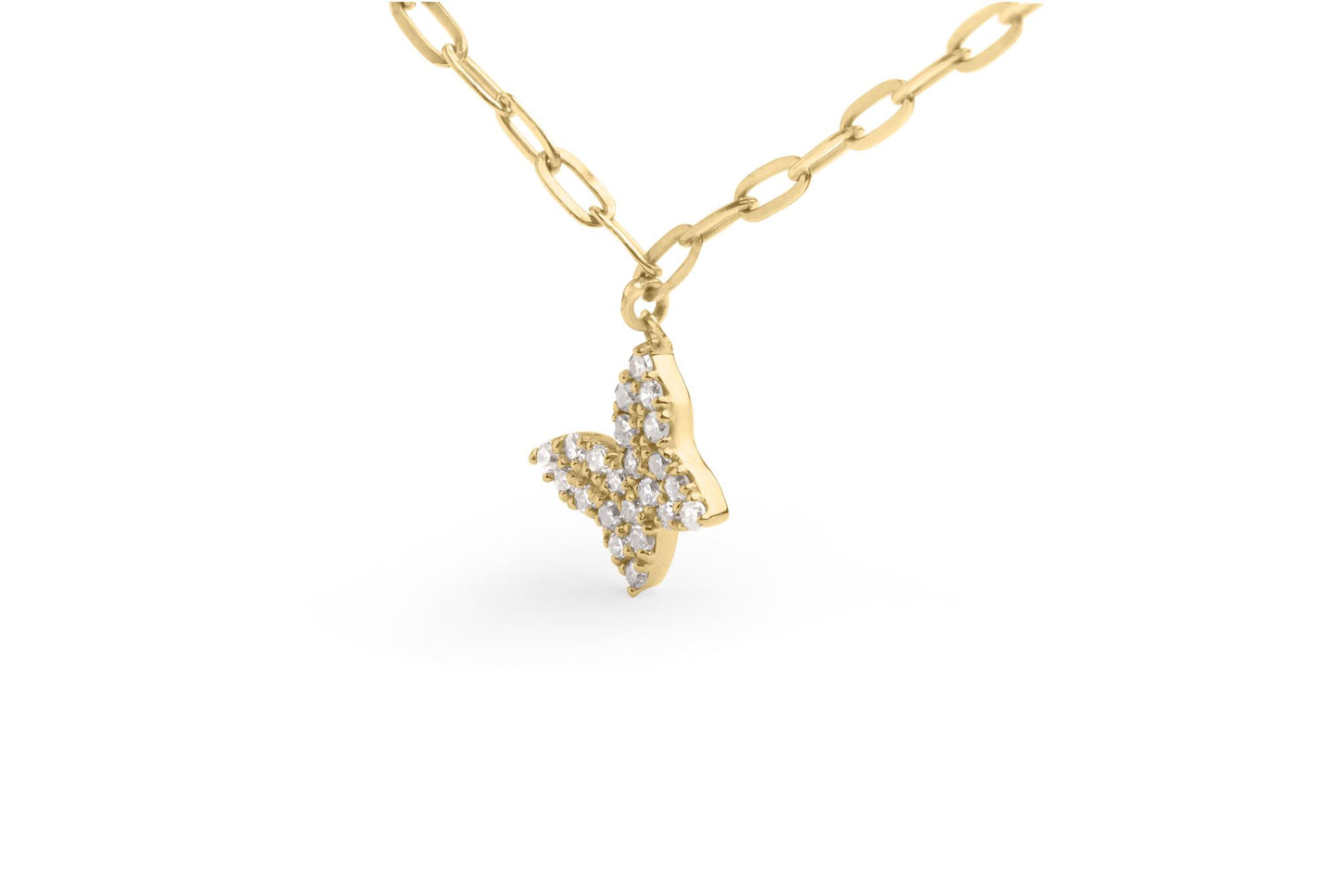 Yellow metal necklace with a butterfly-shaped pendant set with round white gemstones in prong settings, shown in a close-up angled view.