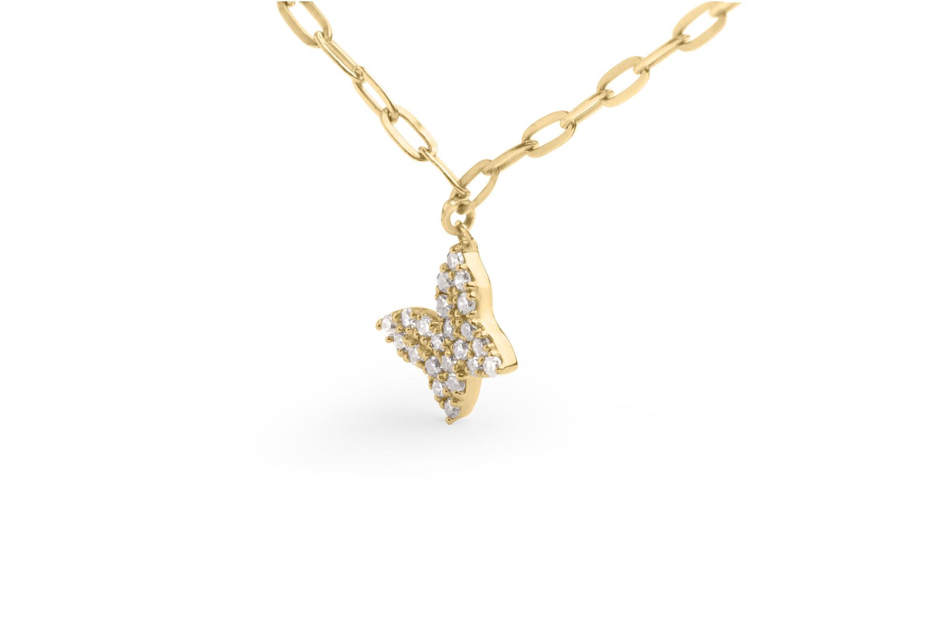 Yellow metal necklace with a butterfly-shaped pendant set with round white gemstones in prong settings, shown in a close-up angled view.