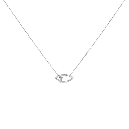 Front view of white metal necklace with marquise-shaped pendant featuring round white gemstones in prong setting.