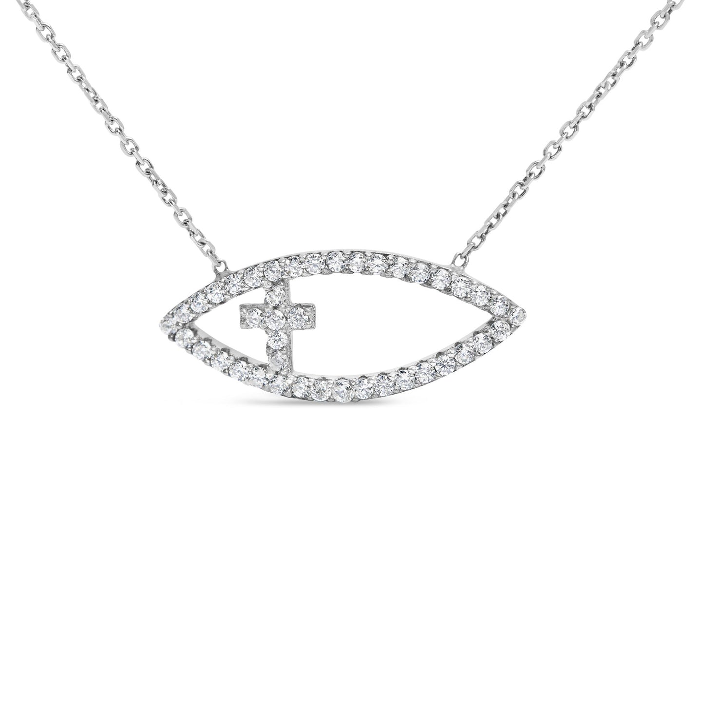 White metal necklace with an eye-shaped pendant outlined with round white gemstones and a cross of round white gemstones inside, shown from the front on a white background.
