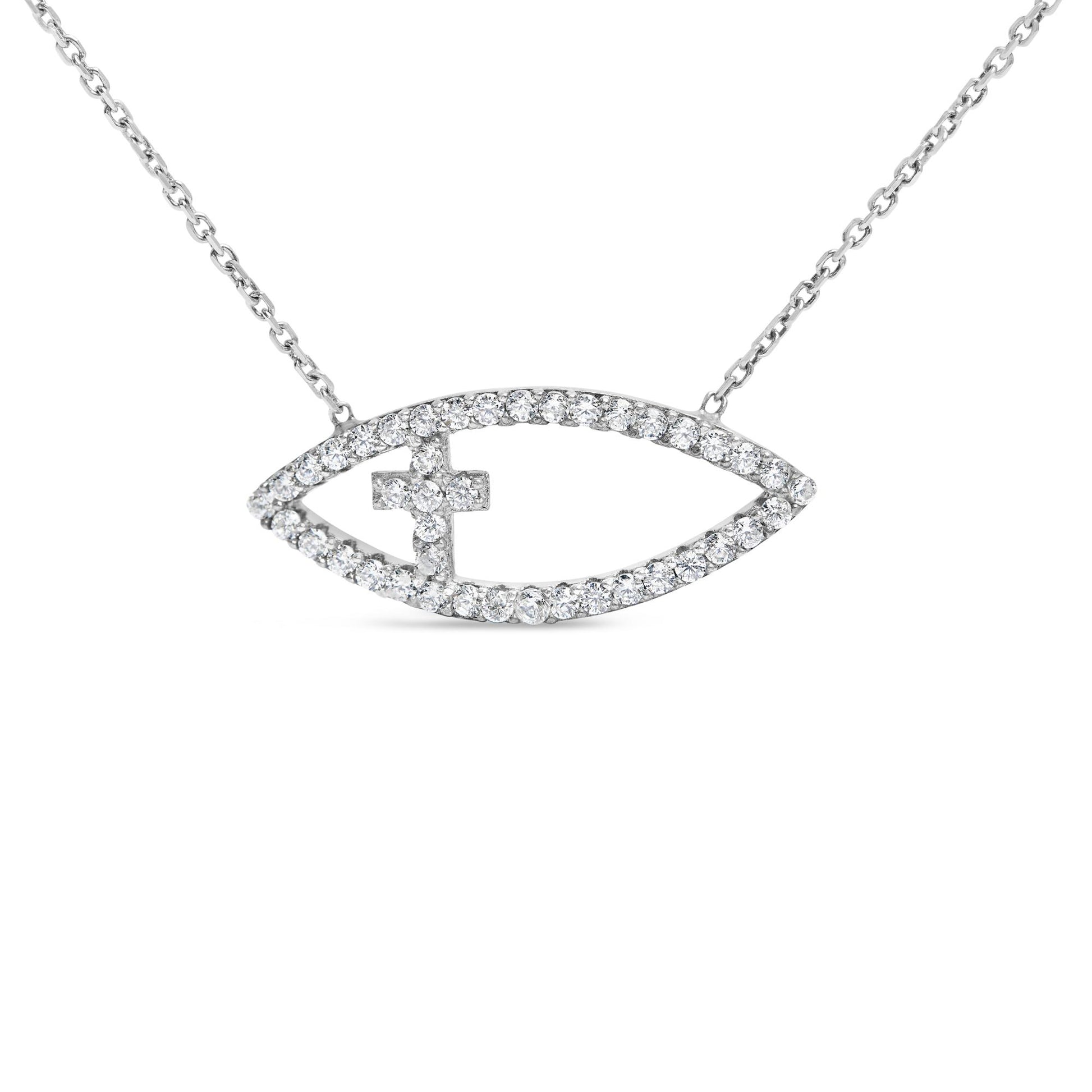 White metal necklace with an eye-shaped pendant outlined with round white gemstones and a cross of round white gemstones inside, shown from the front on a white background.