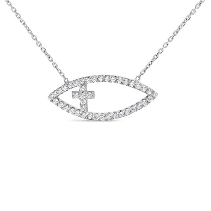 White metal necklace with an eye-shaped pendant outlined with round white gemstones and a cross of round white gemstones inside, shown from the front on a white background.