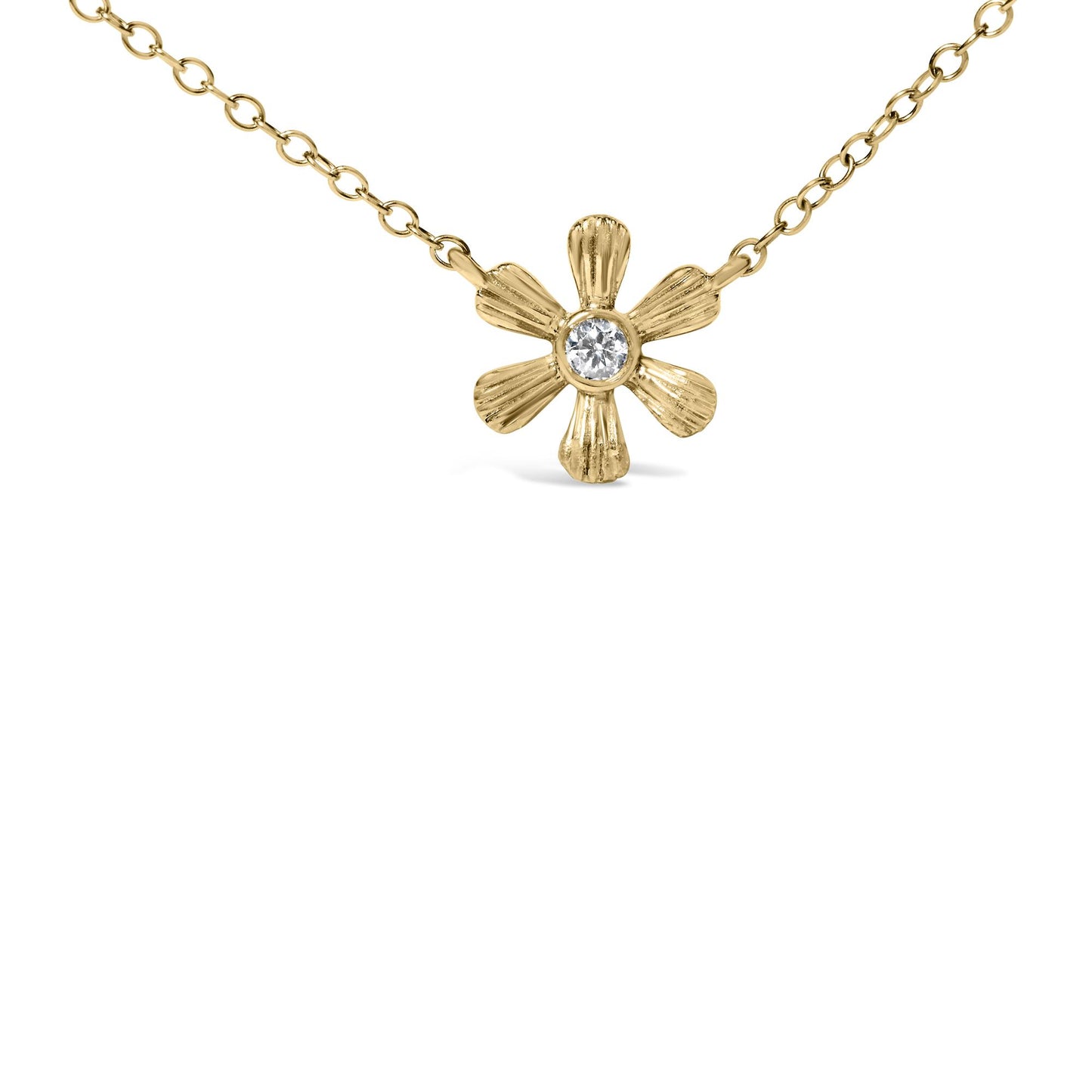 Front view of a yellow necklace with a flower-shaped pendant featuring a white round gemstone in the center.